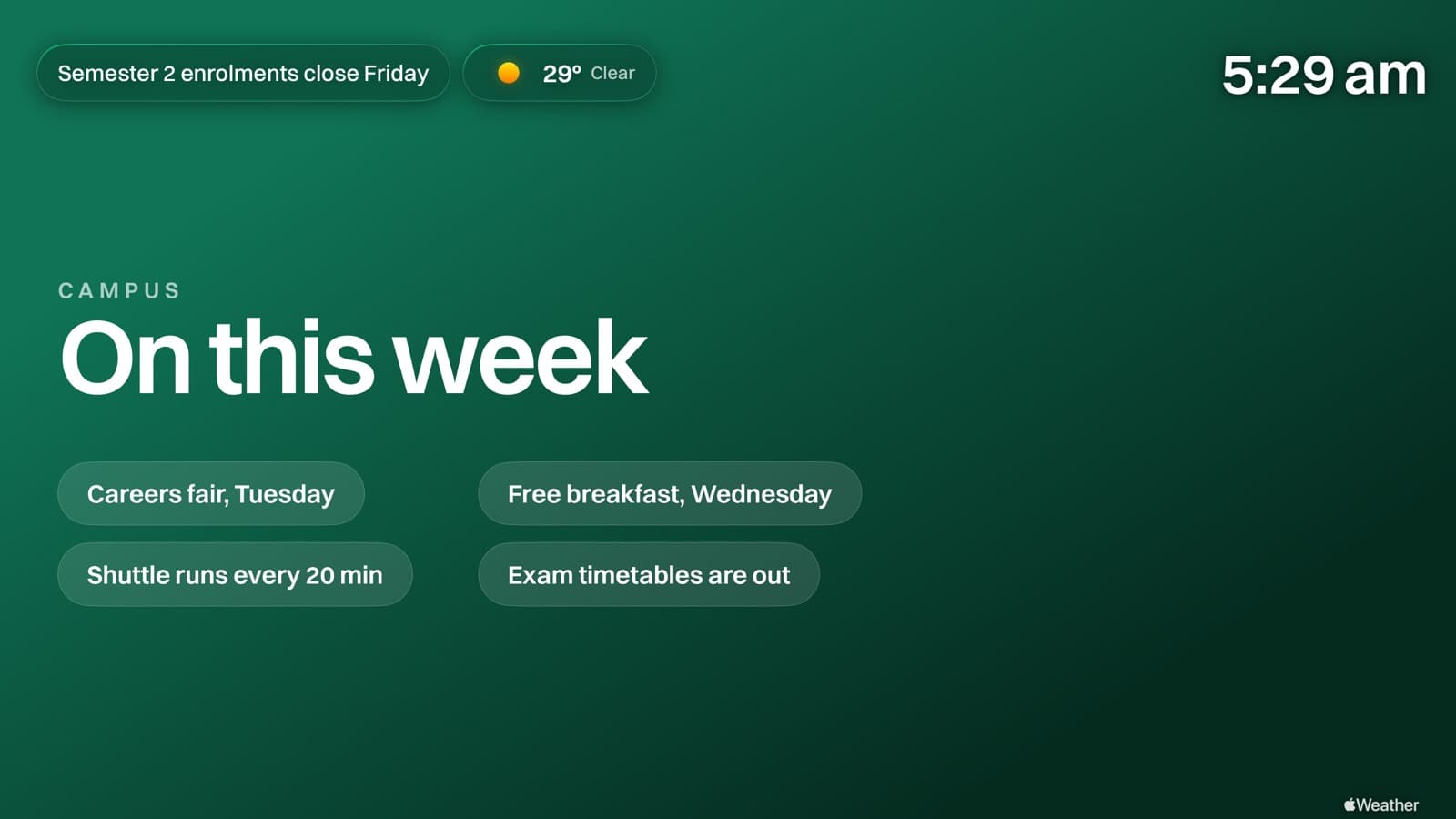 A Billboard notice board on an Apple TV with campus reminders
