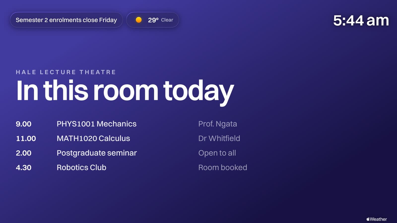 A Billboard board on an Apple TV listing today's lectures in a theatre