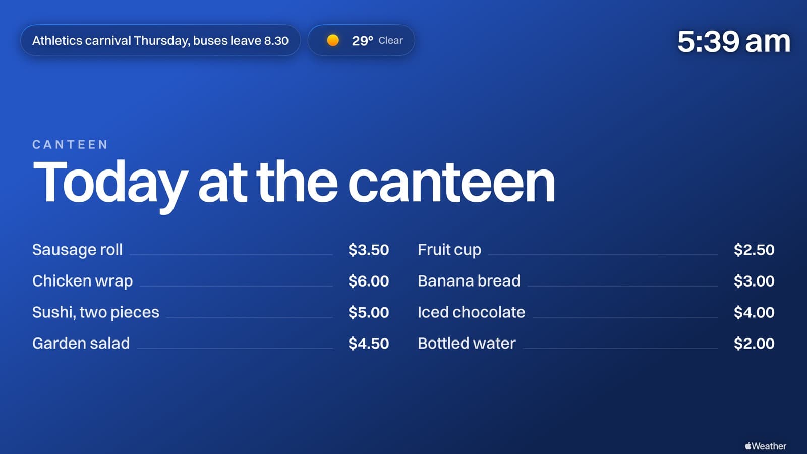 A Billboard canteen menu on an Apple TV, eight items with prices in two columns