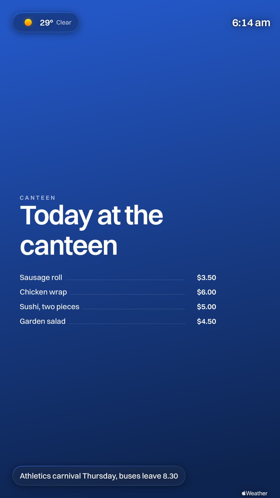 A Billboard canteen menu on an Apple TV mounted in portrait