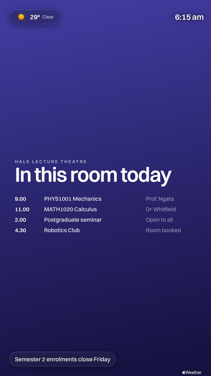 A Billboard lecture timetable on an Apple TV mounted in portrait
