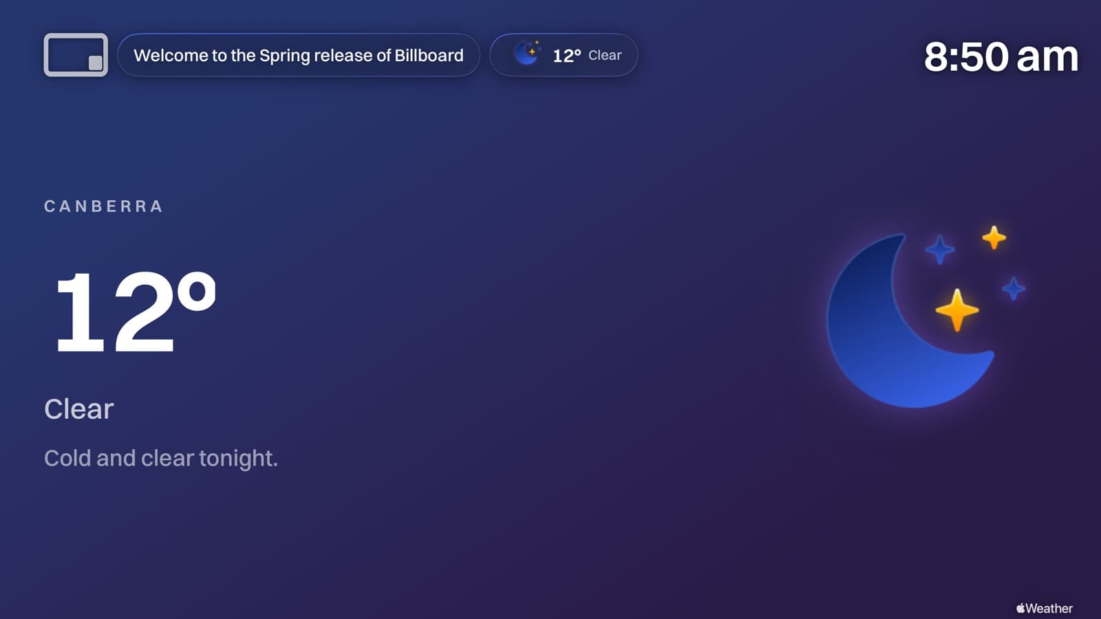 The Billboard weather screen at night, on a blue to purple gradient