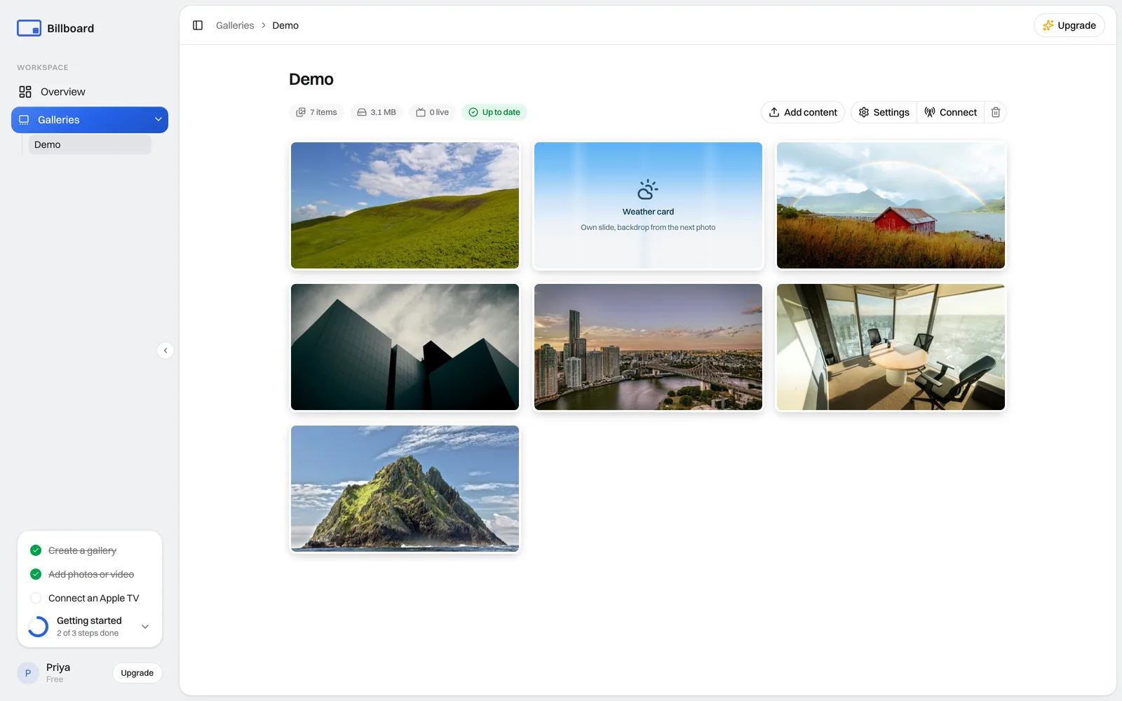 The Billboard dashboard showing a gallery of uploaded photos and a weather card