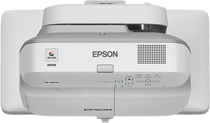 A classroom ultra-short-throw projector mounted above a whiteboard