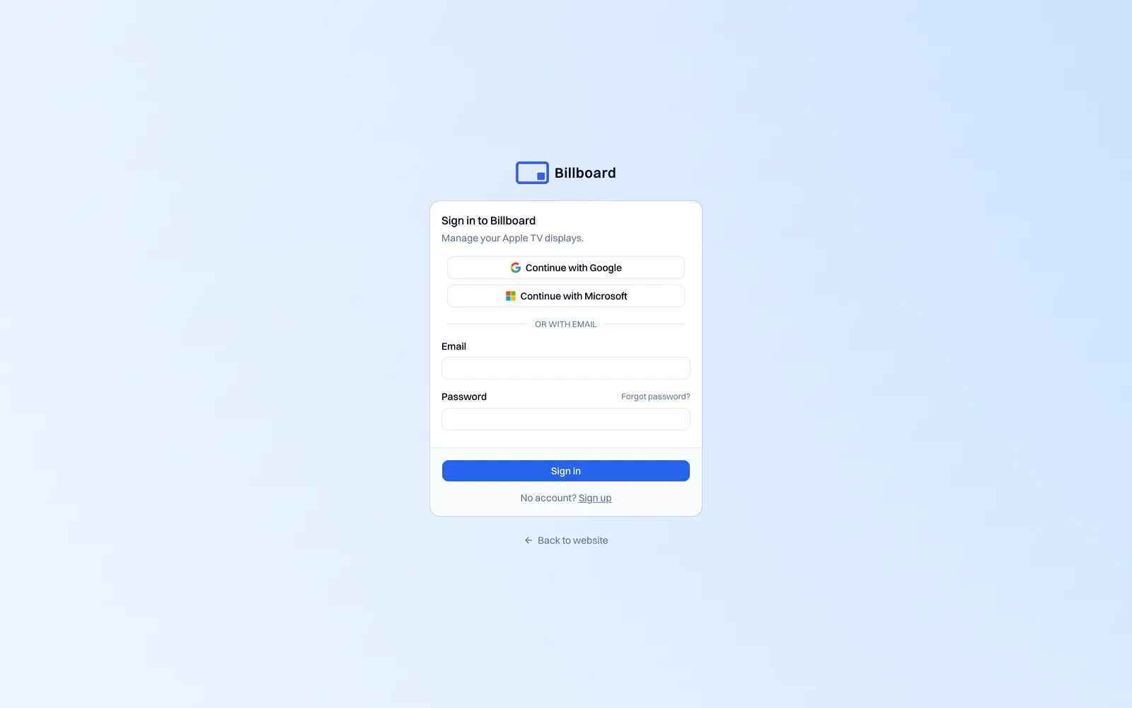 The Billboard sign-in page, with email, Google and Microsoft options
